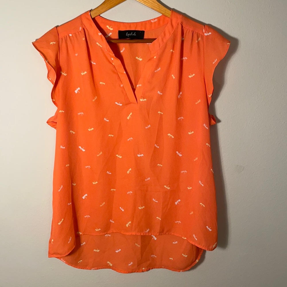 Lipslide Flutter Sleeve coral dragonfly Blouse